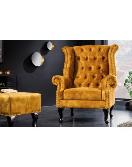 FOTEL CHESTERFIELD MUSZTARDOWY WELUR 